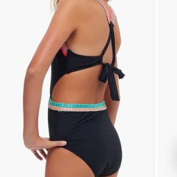Beach Lingo Kids Embroidered Trim Cutout Swimsuit One Piece Black Multicolor 10 - Picture 8 of 10